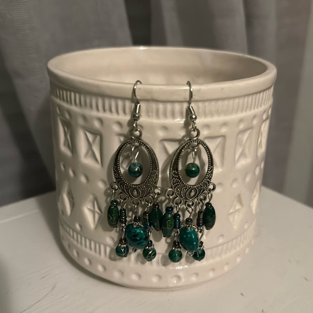 Silver dangle earrings with green and purple beads 💚✨